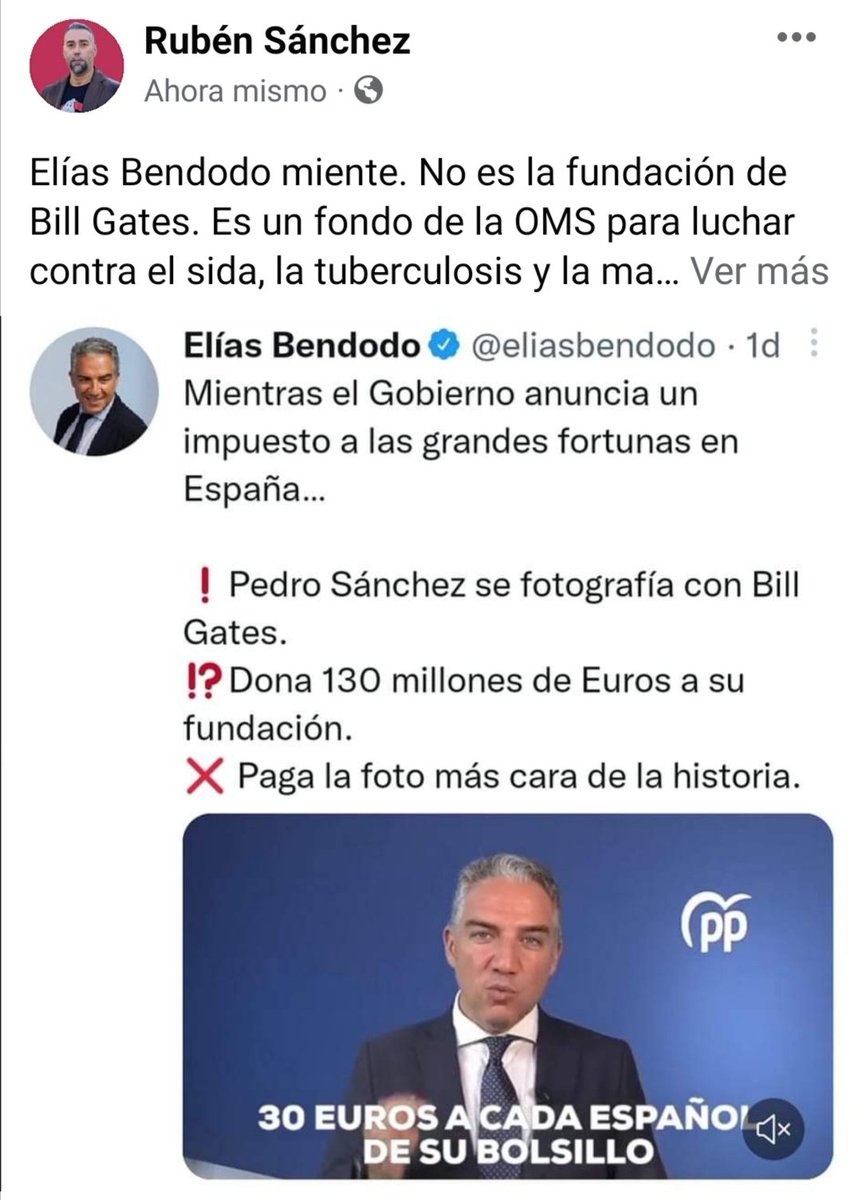 RubenSanchezTW's tweet photo. Mientes, @eliasbendodo. No es la fundación de Bill Gates. Es un fondo de ayuda a programas de la OMS contra el sida, la tuberculosis y la malaria. No costará 30€ a cada español, sino menos de 3. Eliminar el impuesto de Patrimonio a los ricos costará a los andaluces 4 veces más. https://t.co/iA3AFP51XW