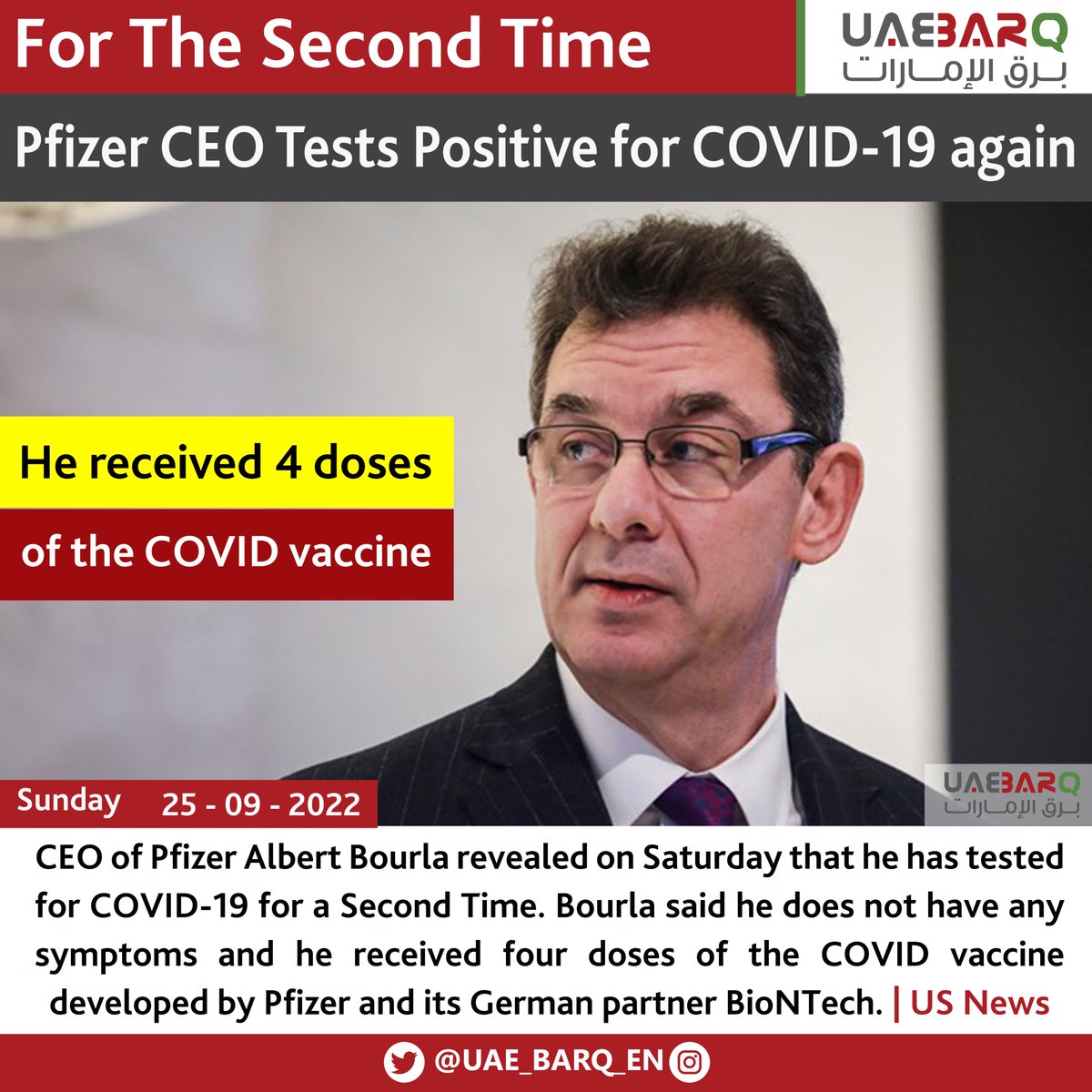 UAE_BARQ_EN's tweet image. #PfizerCEO Tests Positive for #COVID19 again.

#UAE_BARQ_EN