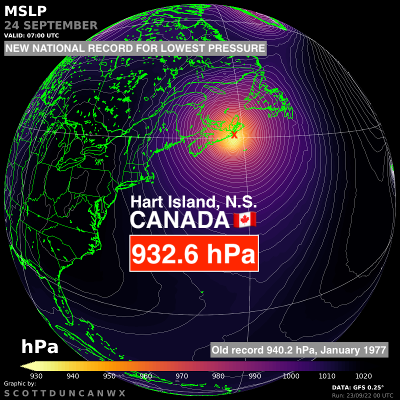 ScottDuncanWX's tweet photo. Fiona is the most intense storm (rated by lowest pressure) to strike Canada 🇨🇦 on record.

932.6 hPa from the core during landfall on Hart Island, Nova Scotia. https://t.co/YbmH7pjMm6