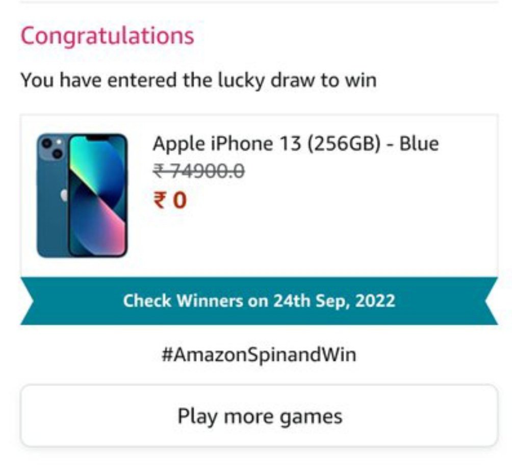 When will you declare the winner of this product? <a href="/amazon/">Amazon</a> <a href="/AmazonHelp/">Amazon Help</a> #AmazonSpinandWin #iphone13winner
#AmazonQuiz