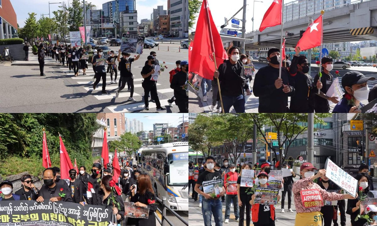 Anti-coup revolutionary coalition strike in Republic of Korea by pro-democracy Myanmar nationalities.

Photo: CJ

#2022Sept25Coup #Kyohansha #WhatsHappeningInMyanmar #Japan_StopSupportingTerrorists
