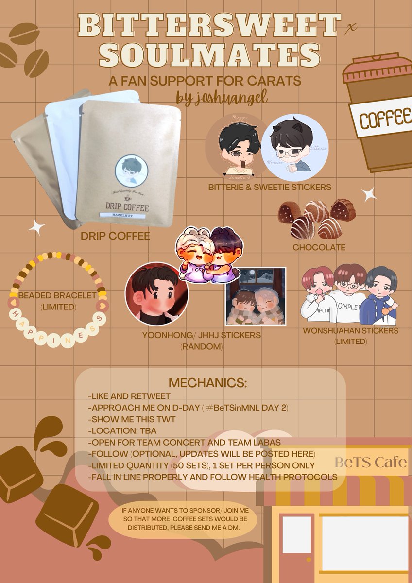 Be The Sun in Manila Day 2 Minwon &amp; Yoonhong Fan Support (GIVEAWAY) ☕ 

-like &amp; rt to spread
-following is optional (for updates)
-Loc:TBA 
-giving away DRIP COFFEE, stickers, chocolate, &amp; bracelets. 

🏷️#BeTheSuninManila #BeTSinMNL svt freebies GA joshua jeonghan mingyu wonwoo