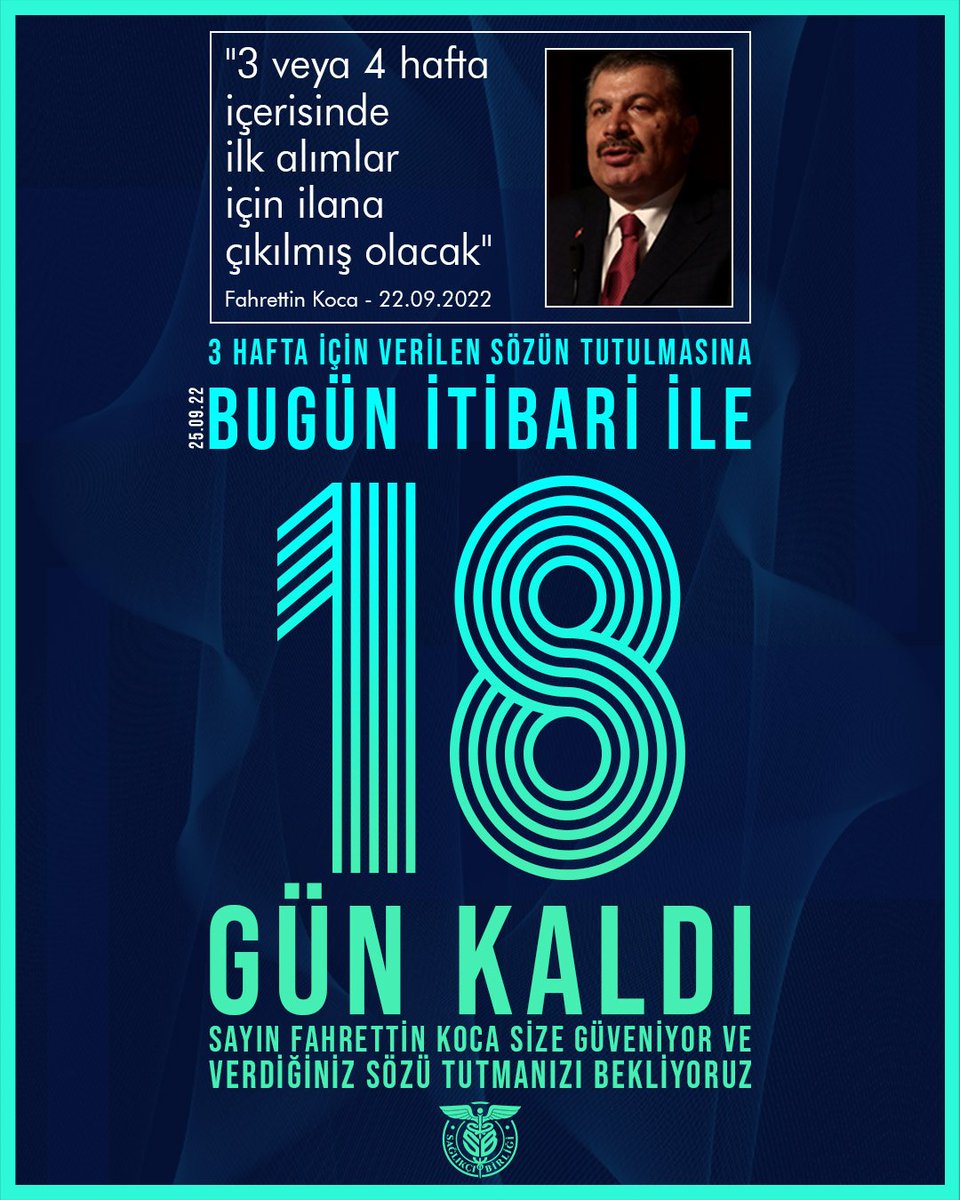 Sayın <a href="/drfahrettinkoca/">Dr. Fahrettin Koca</a> verdiğiniz sözlerin senet niteliğinde olduğunu biliyor ve size güveniyoruz. Atama bekleyen sağlıkçılar çok tedirgin fakat ortada verilmiş bir söz olduğundan tedirgin olmamaları gerektiğini de anlıyoruz. Lütfen yanıltmayın.

FKocaSözüne Son18Gün