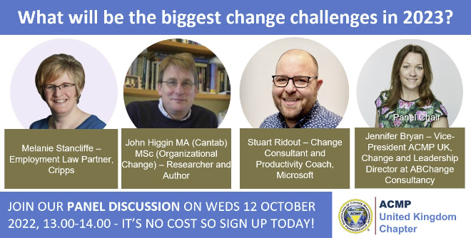 acmp_ukchapter's tweet photo. Hear wonderfully varied perspectives on our change challenges for 2023; from talent retention and attraction to activism, technology and more! Weds 12 Oct 2022, 1-2pm. Join us by signing up today:​
https://t.co/THVqUi89XC 
#acmp #acmpuk #change https://t.co/HpD7wWdUkx