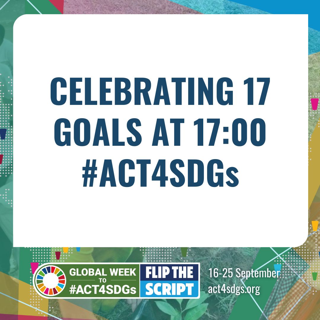 Action4SD's tweet photo. 🕔 It's 17:00 GMT.
As we wrap up the Global Week of Action #Act4SDGs, we are joining in celebration. The 17 goals are meant to drive humans and our home, planet Earth, to a fair, healthy, just and sustainable future. Thanks to everyone who joined this week to #FlipTheScript! https://t.co/F1rv8M4Sqv