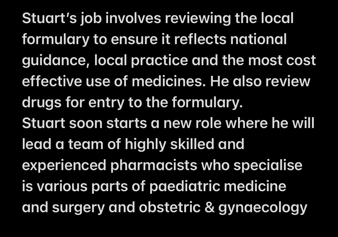 Stuart is our formulary pharmacist, who has recently been appointed to a new role of CMG lead pharmacist for Women’s and Children’s. We are delighted for him. More details on attached pic. Thank you Stuart for all that you do! ⭐️😊 #WPD2022 @Leic_hospital