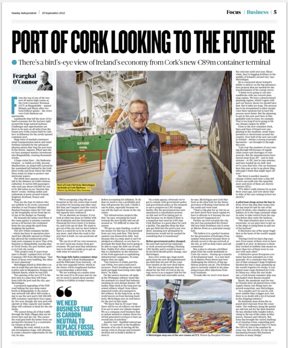 Braver than most <a href="/Fearghaloc/">Fearghal O'Connor</a> <a href="/Independent_ie/">Irish Independent</a> interviewed <a href="/PortofCork/">Port of Cork</a> CEO, Eoin McGettigan from a 50m high crane overlooking #CorkHarbour 👏🏼 the result is this fascinating insight into the exciting vision for the future of <a href="/PortofCork/">Port of Cork</a> in today’s #SundayIndo