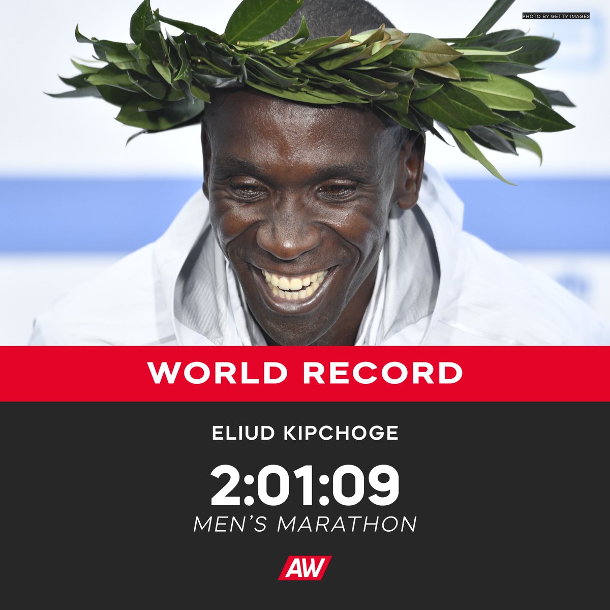 AthleticsWeekly's tweet photo. WORLD RECORD 

History! Eliud Kipchoge breaks his own world marathon record with an astonishing 2:01:09 – 30 seconds off the previous WR – at the Berlin Marathon 🔥 

The greatest of all-time over 26.2 miles 🐐

#BerlinMarathon 🇩🇪 https://t.co/K04kzx0Umx