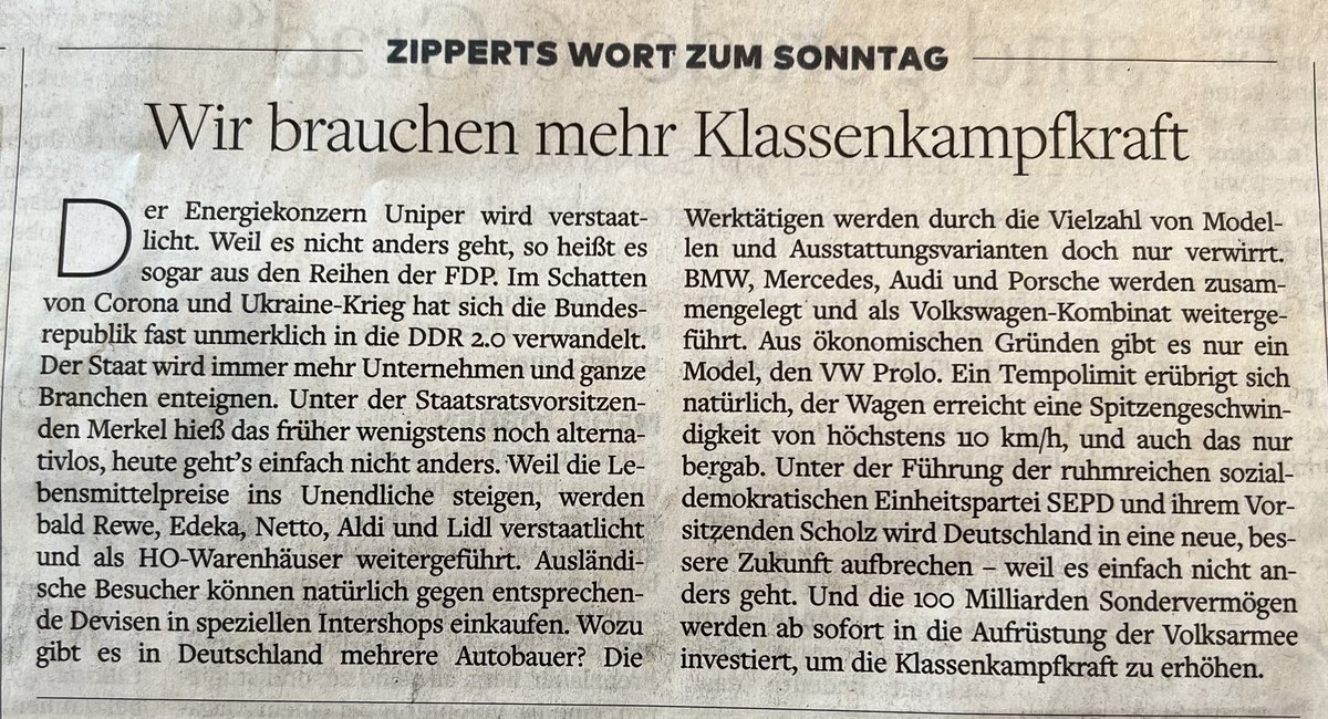 mwmosen's tweet photo. Bringt uns der VW Prolo das Tempolimt? 🤔
Interessantes Wort zum Sonntag - mit düsteren Aussichten. #Zippert @WELTAMSONNTAG https://t.co/kQLZf6dLr8