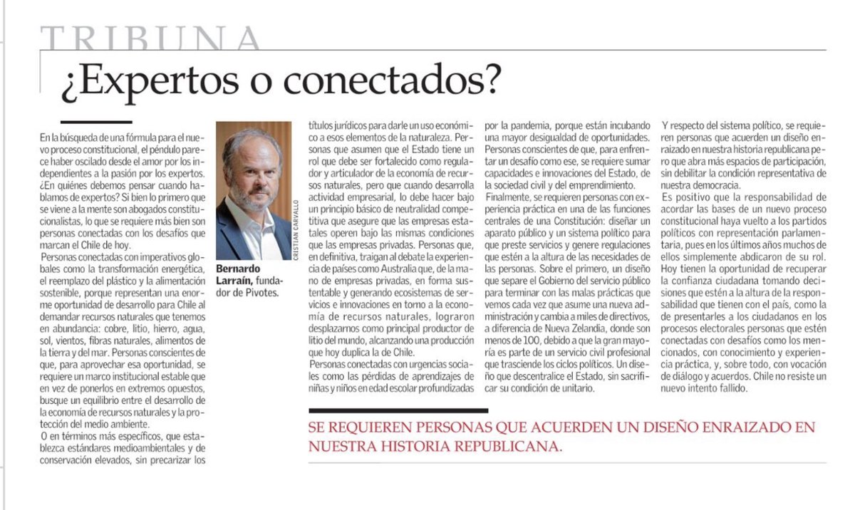 ¿En quienes debemos pensar cuando se habla de expertos para un nuevo proceso constitucional?En personas conectadas con los desafíos q marcan el Chile de hoy, pues una constitución debe habilitar las soluciones para enfrentarlos, y no entorpecerlas como hacía el texto rechazado👇