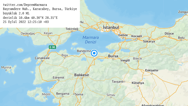 Bayramdere Mah., #Karacabey, #Bursa, Türkiye
büyüklük 2.0 ML (7 dk önce)
derinlik 10.4km 40.36°N 28.35°E
25 Eylül 2022 12:25:10 +03
#deprem