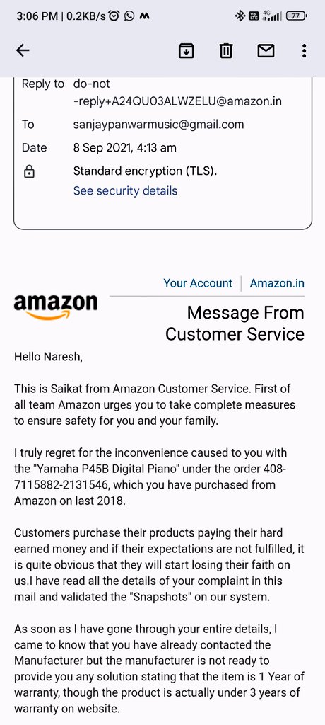 sanjaypnwr's tweet photo. @AmazonHelp There aren't denying the service they are just saying this product is not under warranty so on i got the mail too confirming the product is not under warranty. Not possible to have denial letter from them. Just go through snapshots. https://t.co/Bxw54PrWYW