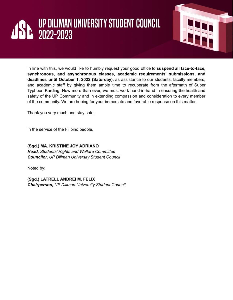 USCUPDiliman's tweet photo. #KardingPH | Request for Suspension of Classes

The UPD USC sent a request letter to the Office of the Chancellor for the suspension of ALL face-to-face, and online synchronous and asynchronous classes, as well as the submission and deadlines of academic requirements— https://t.co/pIILOToRey