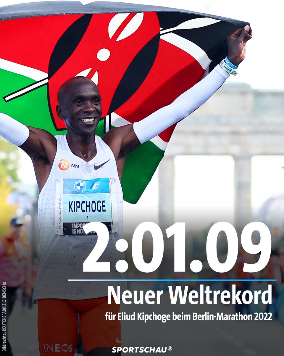 sportschau's tweet photo. Er hat es geschafft: Eliud Kipchoge hat seine Ankündigung wahr gemacht und in Berlin eine neue Weltbestzeit im Marathon aufgestellt. Für die bisherige Bestmarke hatte Kipchoge vor vier Jahren an gleicher Stelle mit 2:01:39 Stunden gesorgt.

https://t.co/NRxwLbJ47g https://t.co/E7RHEixut7