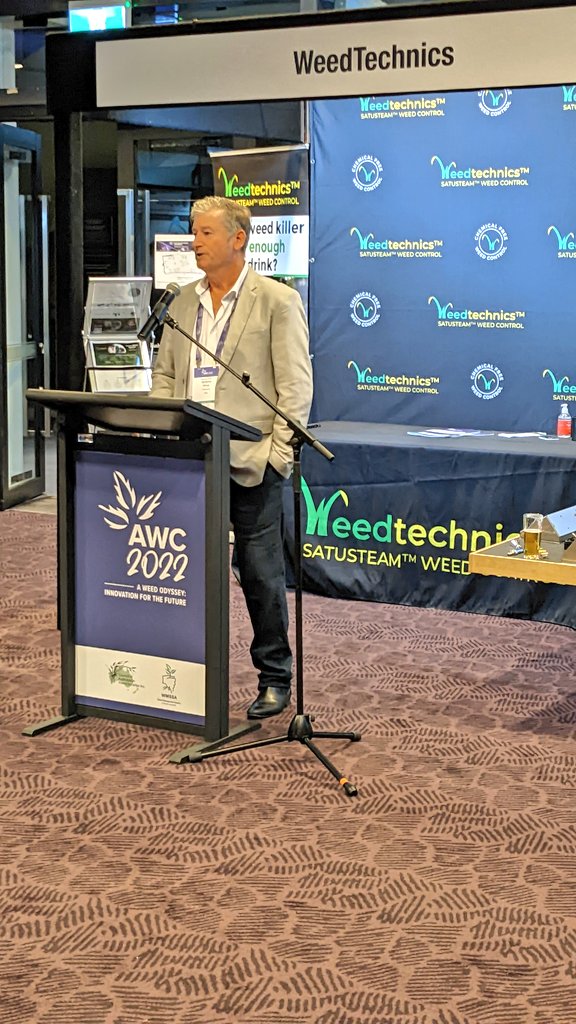 austweedsconf's tweet photo. Thanks to our sponsor @Weedtechnics for the opening function! Jeremy Winer talked about the bigger picture of maintaining soil biology in taking a non-chemical approach to weed management #22AWC https://t.co/cwU59Mkt23