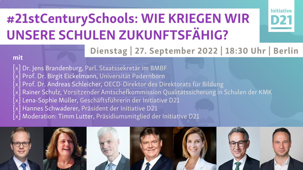 #21stCenturySchools – Wie kriegen wir unsere #Schulen zukunftsfähig? Über die Ergebnisse der neuen D21-Studie zu digitalem Unterricht diskutieren wir morgen mit @JBrandenburgFDP (@BMBF_Bund), Rainer Schulz (#KMK, @hh_bsb), @prof_birgit & @SchleicherOECD: initiatived21.de/veranstaltunge…