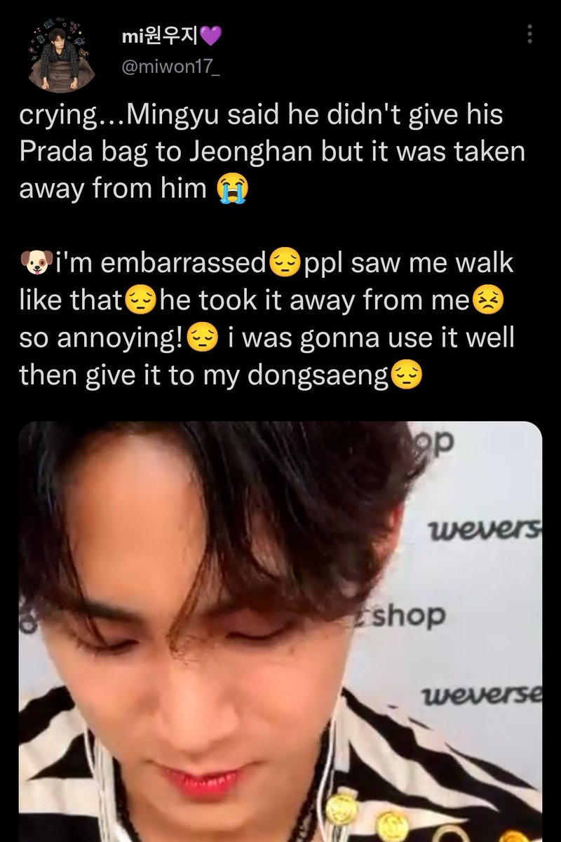 wonriddueldaegi's tweet photo. #savemingyu: had everyone thinking mingyu gifted him his prada bag when in reality jeonghan stole it https://t.co/0JHrT26N6b