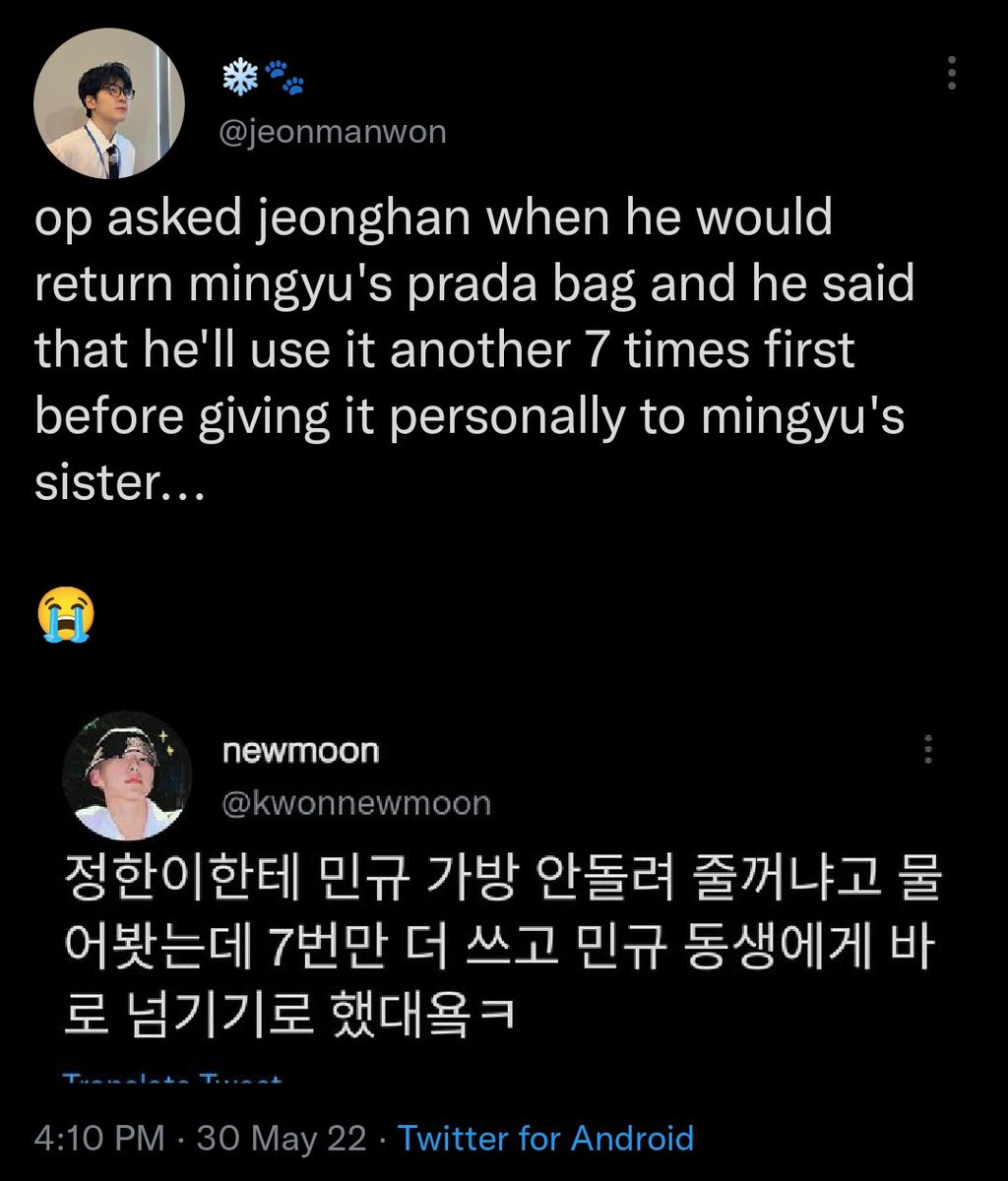 wonriddueldaegi's tweet photo. #savemingyu: had everyone thinking mingyu gifted him his prada bag when in reality jeonghan stole it https://t.co/0JHrT26N6b