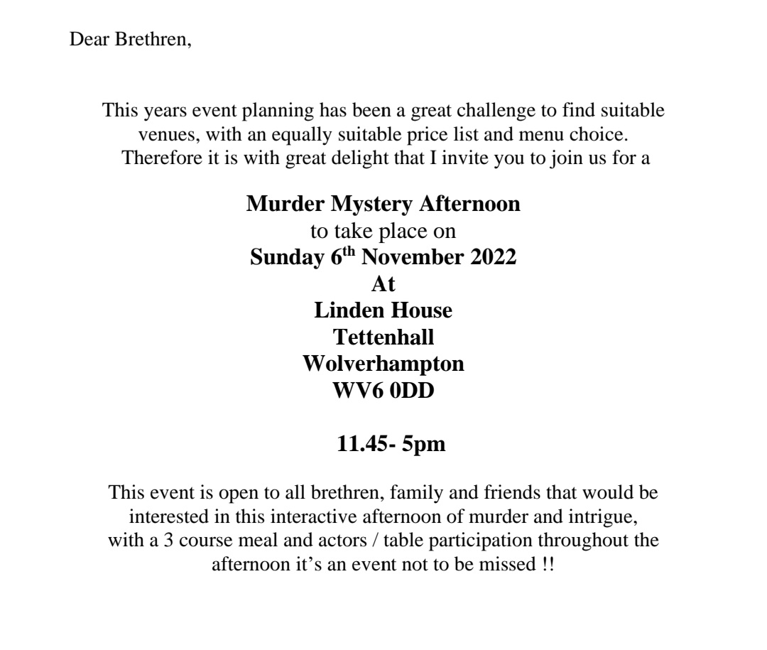Idsall_Lodge's tweet photo. Idsall next charity event .Are you sleuth 🧐 enough to uncover the culprit 🤔. All proceeds to WM's Charities.. fun packed afternoon for all 💯 https://t.co/FhZNji8eP3