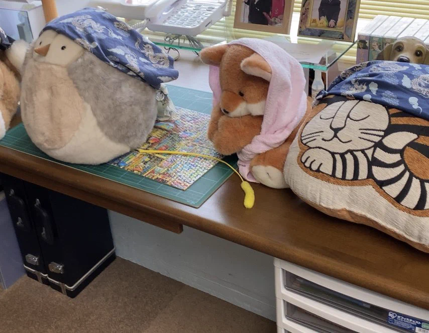 @eshi_ko 突然に失礼します。
サイズが違うかもしれませんが、自分の実家にも同じキツネ様がおわしまして…思わずコメを投げさせて頂きました。
この時は他のぬいぐるみと一緒にバンダナやタオルなど巻いて並べられてました。
マリモも着脱で健在。 