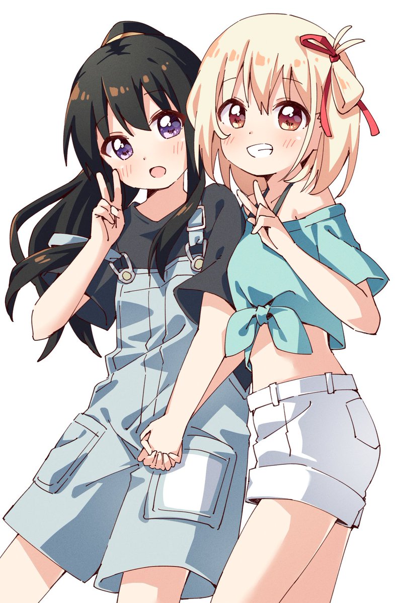 inoue takina ,nishikigi chisato multiple girls 2girls blonde hair black hair overalls v smile  illustration images