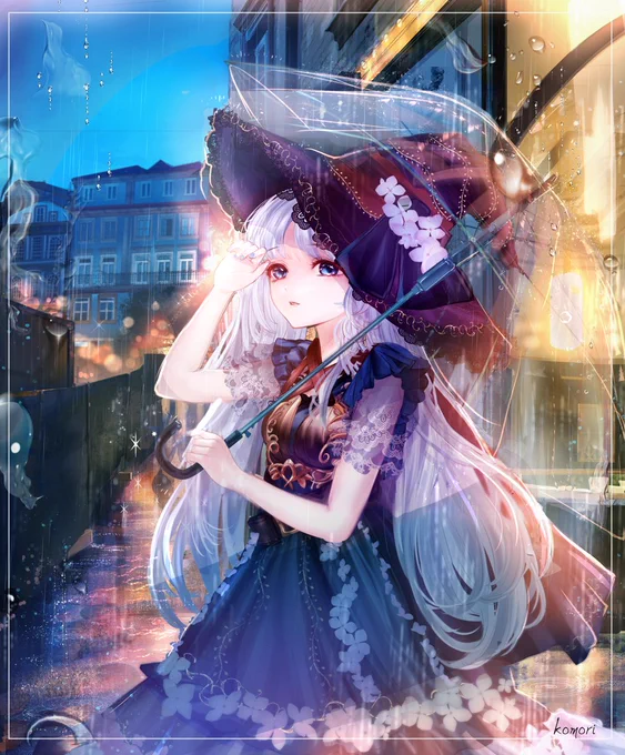 雨の夜に待ち合わせする、物語をこめた雨の日イラストの再掲です#物語のある作品展 #お絵描き 