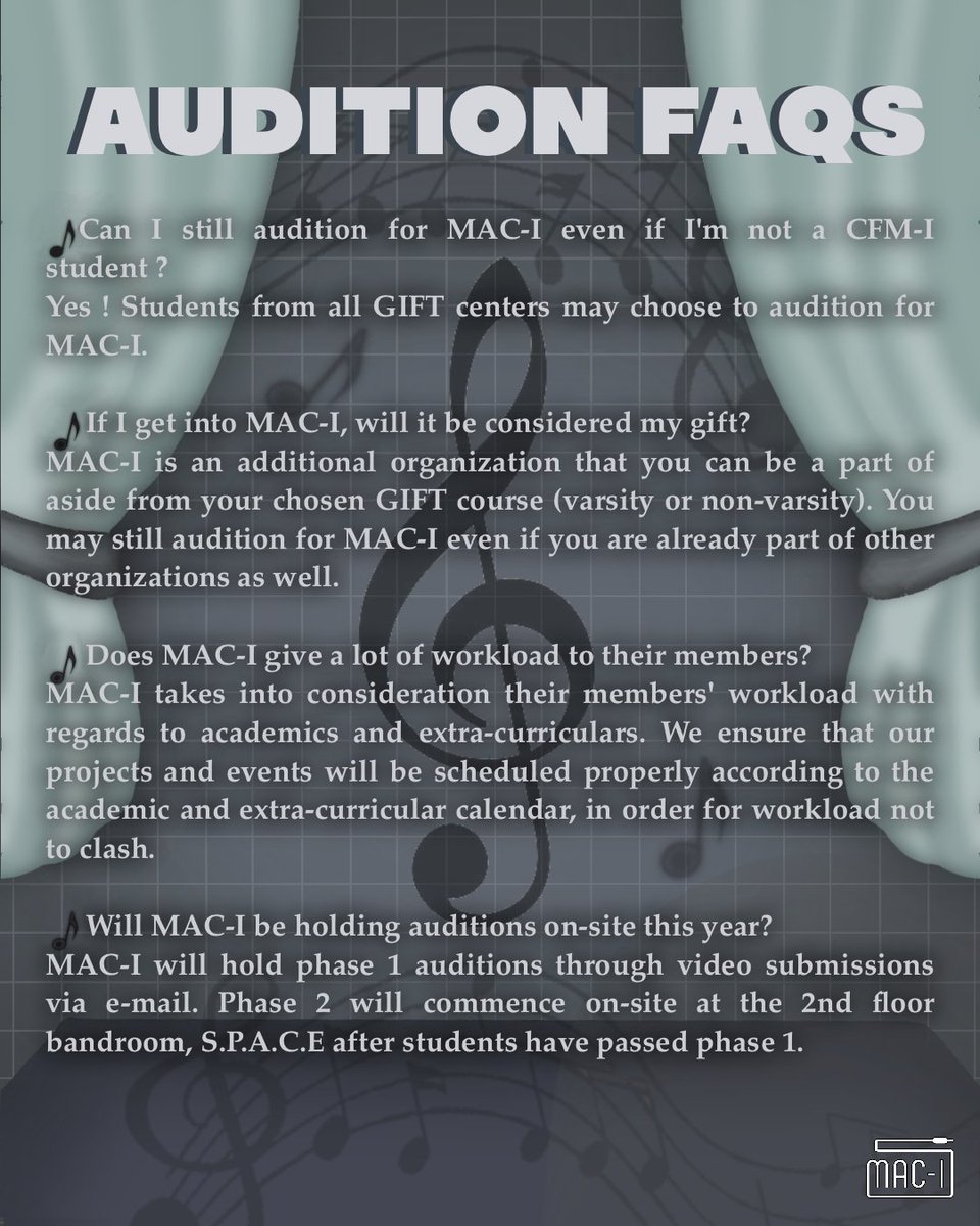 MACI2223's tweet photo. May mga tanong ba kayo❔No worries because MAC-I's got your back 🤩

Andito na ang mga sagot sa mga madalas na itinatanong 🎶 If you've got more questions, handa kaming MACInig 🎧 Message us on our social media accounts for any inquiries 🔊

#MACInig

🎨: Nivana Parayno https://t.co/3LFFMdQonP