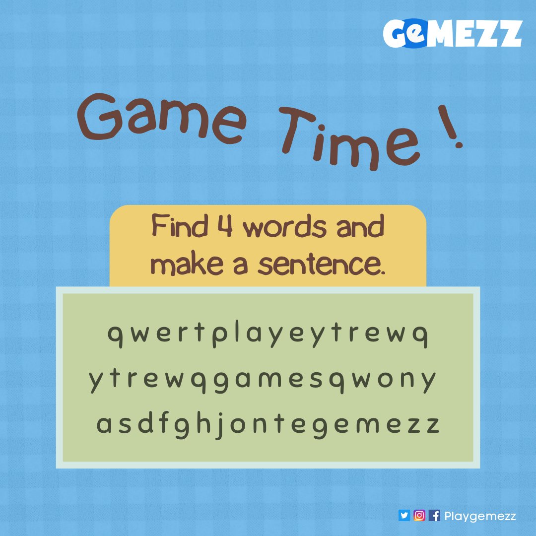 playgemezz's tweet photo. Game time! Let's find 4 words and make a sentence! 😉

#PlayGemezz #MobileGame #Gemezz #HTML5Games #gamer  #games #gaming #gamecompetition  #stayhome #staysafe #stayhealthy https://t.co/1VSIfAxcJj
