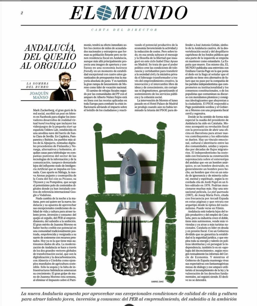 AlbertoGVale's tweet photo. Pues justo esto de @JqManso en @elmundoes es lo es ya hoy #Andalucía. Del quejío al orgullo, del PER al emprendimiento, del llanto a la ambición. Cabalgamos💪🏼 https://t.co/QFvqrEnBKw
