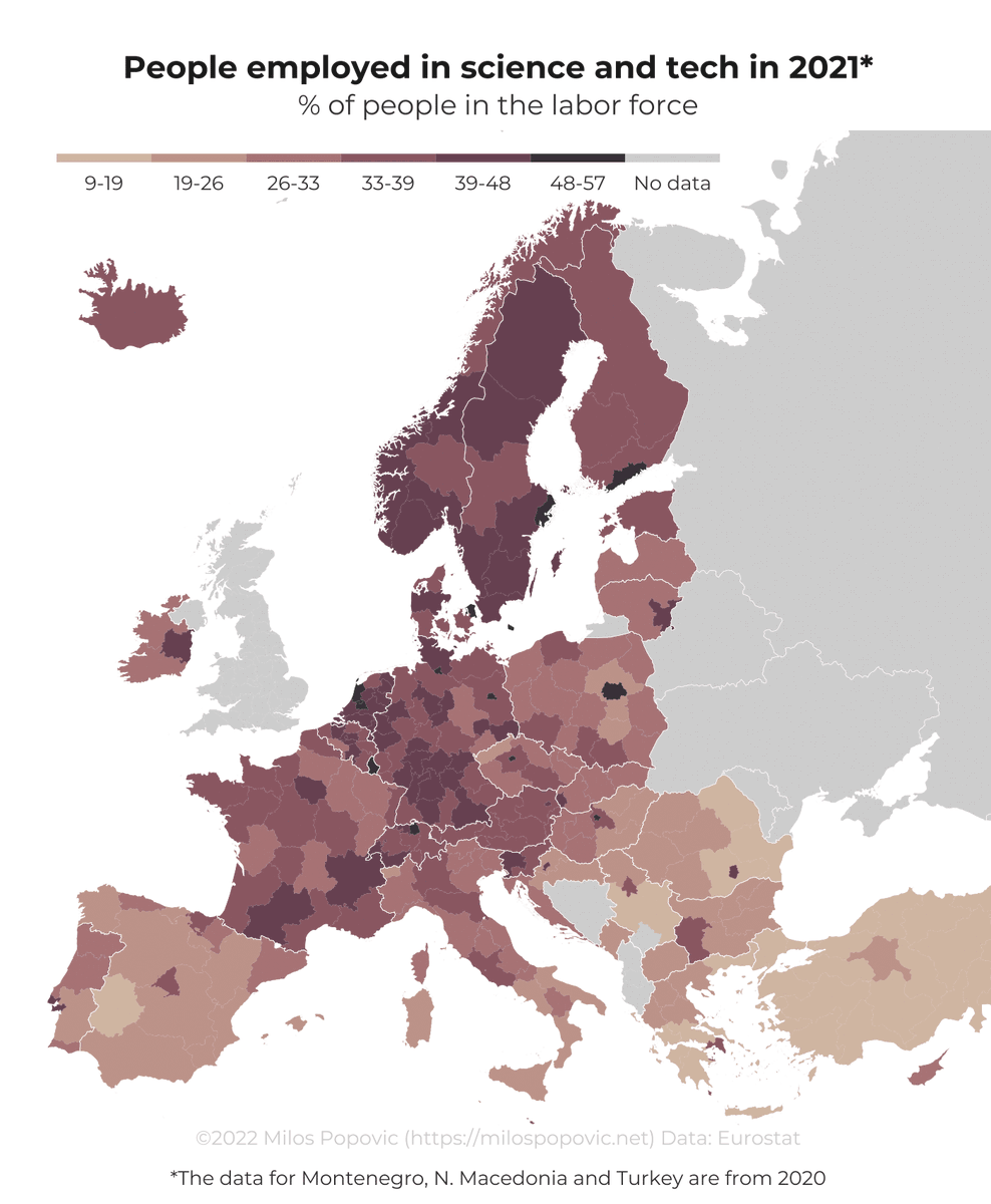 I mapped % of people employed in science and tech in Europe 🌍

#Science #tech #it #RStats #DataScience #dataviz #maps