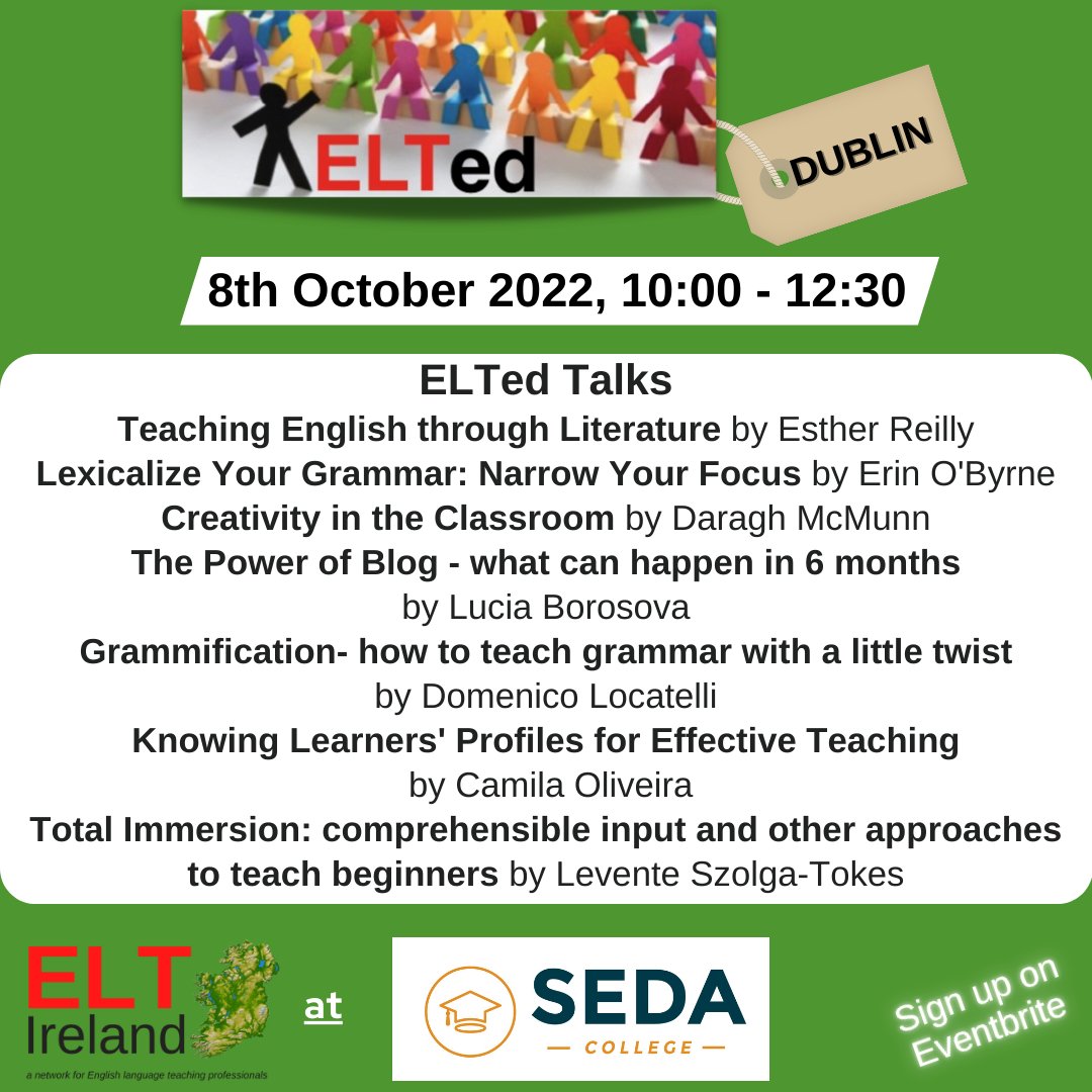 Join us for our next ELTed event on Saturday 8 October at SEDA College Dublin! Book your ticket now: bit.ly/elti810
#elted #eltireland #elt #sharingideas #sedacollege