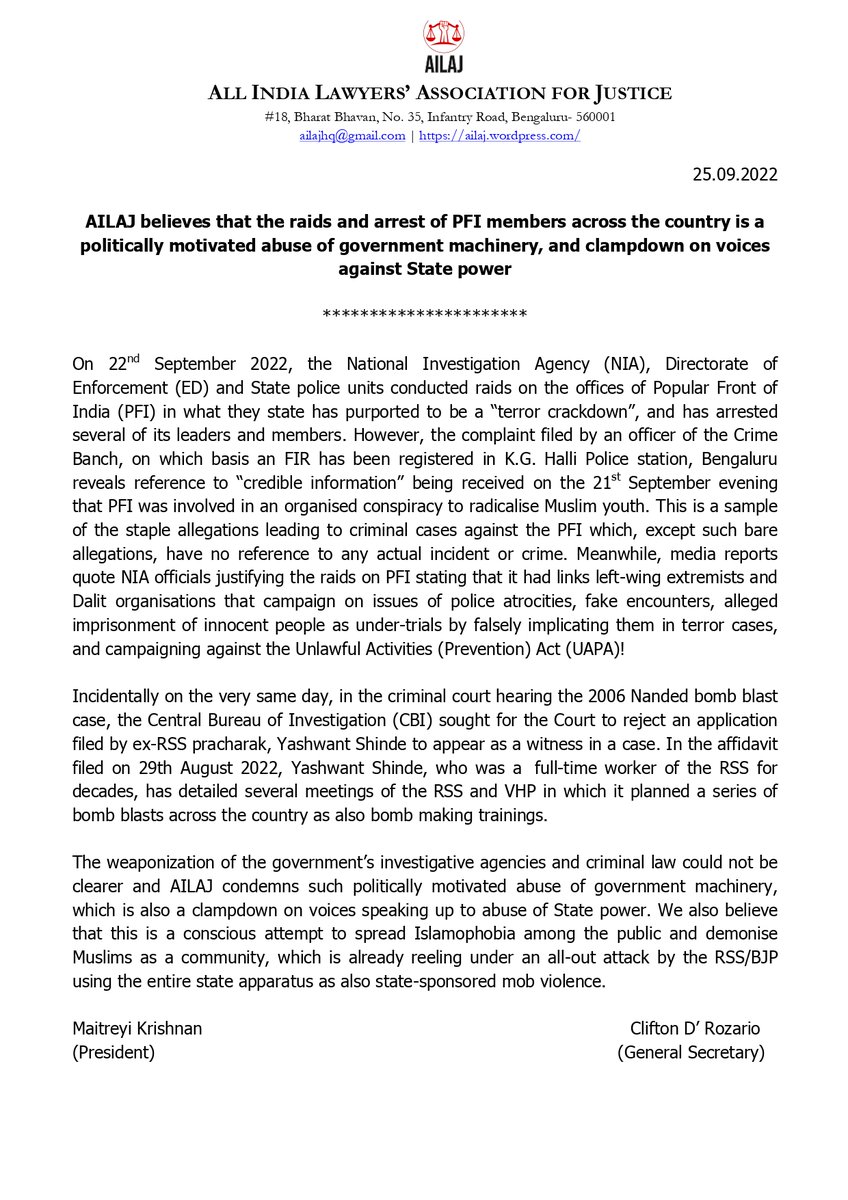 AilajHq's tweet photo. AILAJ believes that the raids and arrest of PFI members across the country is a politically motivated abuse of government machinery, and clampdown on voices against State power https://t.co/Zi4mUxNihY