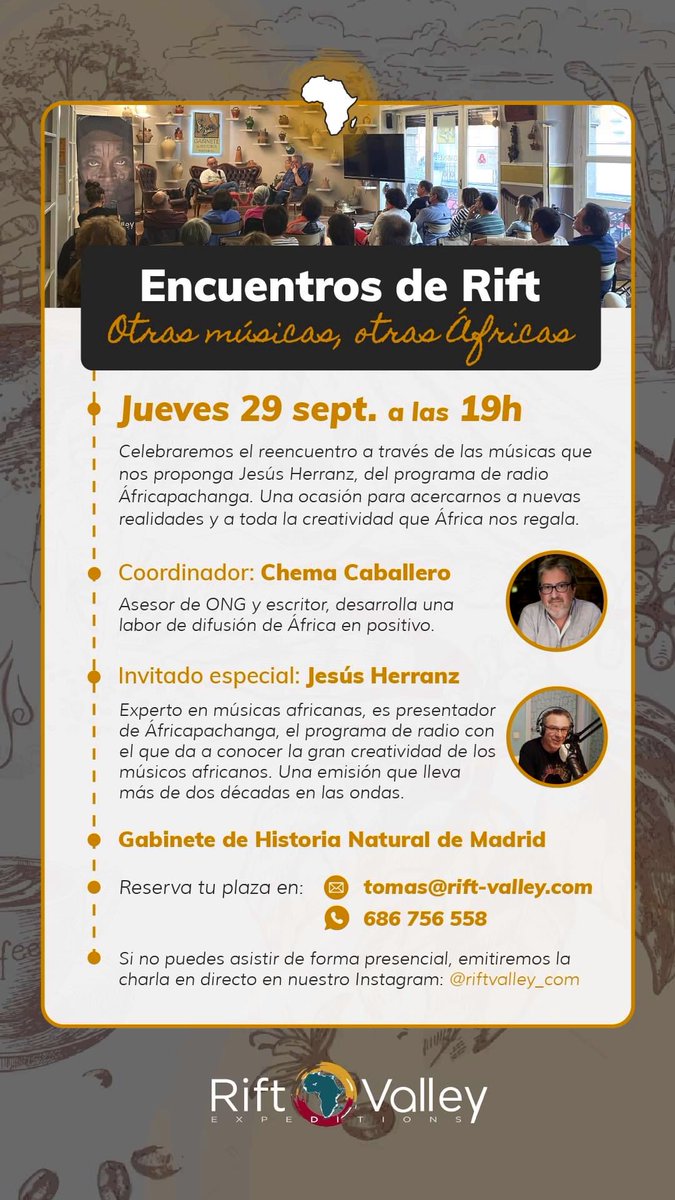 Surcando Ritmos (@surcando_ritmos) on Twitter photo Interesante propuesta para este jueves 29/09 a las 19:00 Encuentros del Rift, en <a href="/gabinetehn/">GABINETE H NATURAL</a> c/Victoria, 9 1° Madrid, allí estará el compañero Jesús Herranz de <a href="/africapachanga/">AfricaPachanga - DJ Tubabu</a> hablando de Música Africana y seleccionando temas africanos. + info⬇️ Interesante propuesta para este jueves 29/09 a las 19:00 Encuentros del Rift, en <a href="/gabinetehn/">GABINETE H NATURAL</a> c/Victoria, 9 1° Madrid, allí estará el compañero Jesús Herranz de <a href="/africapachanga/">AfricaPachanga - DJ Tubabu</a> hablando de Música Africana y seleccionando temas africanos. + info⬇️