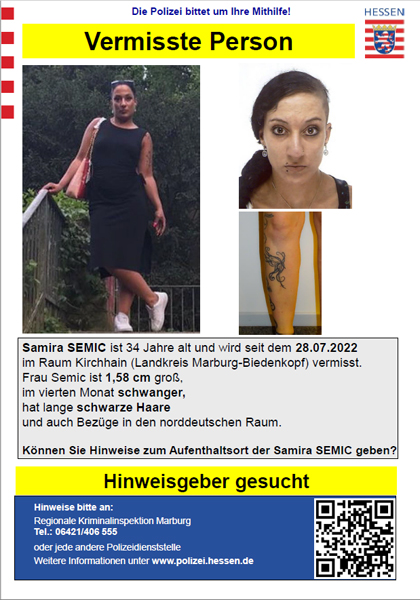 HuschkeMau's tweet photo. Vermisst wird die 34-jährige Samira Semic aus Kirchhain. Sie soll sich auf Internetplattformen zur #Prostitution angeboten haben (oder angeboten worden sein) und ist im 4. Monat schwanger.
Wer Angaben zum Verbleib machen kann, --> Hinweistelefon der Polizei: 06421/406-555 https://t.co/ArVQ0mKsHp
