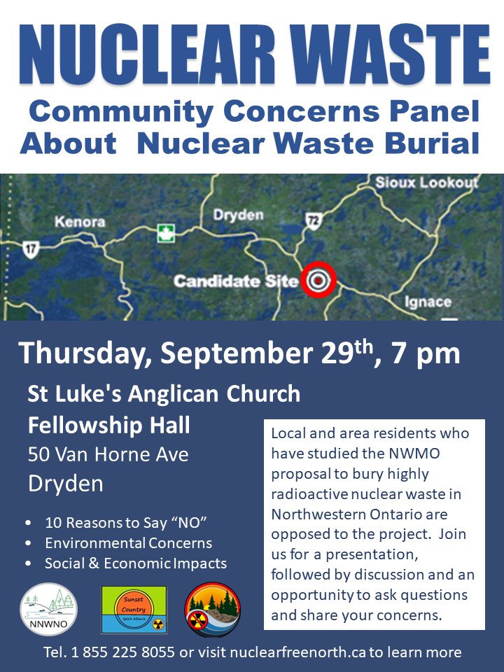 NuclearFreeNW's tweet photo. Dryden area residents are concerned about a proposal to bury all of Canada's high level waste 50 km upstream #nodgr #nuclearwaste #sunsetcountry https://t.co/PsQwIZ1bb8