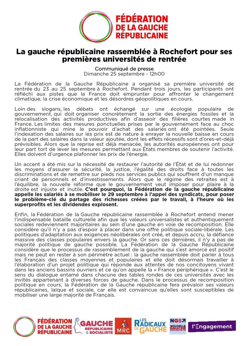 Gauche_RS's tweet photo. Communiqué de presse de la @Fede_Gauche_Rep à l’issue des #UGR2022 : la #gaucherépublicaine rassemblée à #Rochefort pour ses premières universités de rentrée https://t.co/NjZSLJO5pp