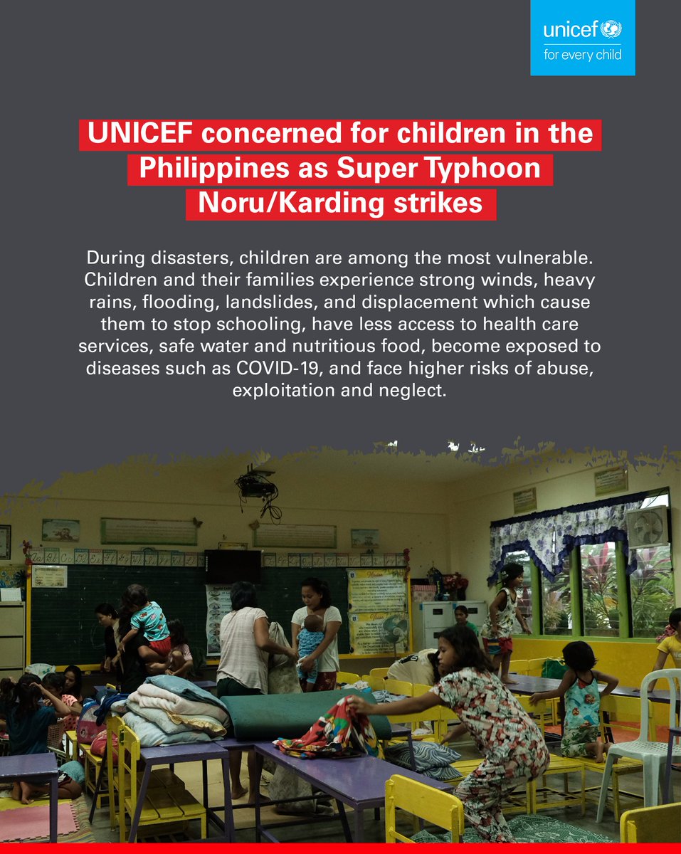 unicefphils's tweet photo. Super #TyphoonNoru / #KardingPH is the most powerful typhoon to hit Luzon, Philippines, this year. UNICEF and our partners are closely monitoring the situation, and have prepositioned emergency supplies ready to be distributed to affected families.

👉 https://t.co/Xx4J4mLf0b https://t.co/Kq7hnIbJ8X