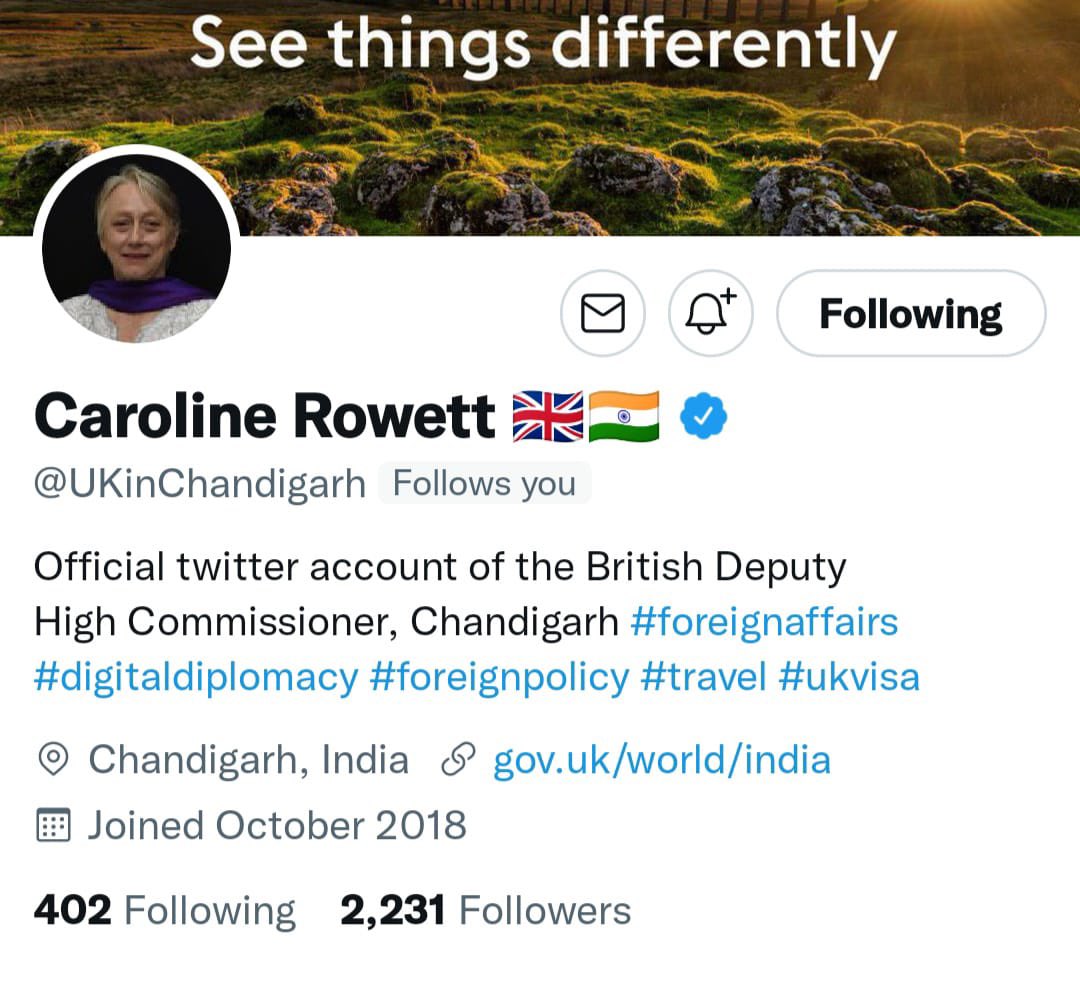 UKinChandigarh's tweet photo. ๐ฃ๐ฃ British diplomat based in Chandigarh covering UT, Punjab, Haryana, Himachal Pradesh & Uttarakhand.
Follow me to see how the UK & India work together in this region ๐ฌ๐ง๐ฎ๐ณ
#Tennis #DogLover #ClimateChange #Recycling #EcoFriendly #Vegetarian #BhangraDancer #BristolRovers https://t.co/ZIwuK4BQAq