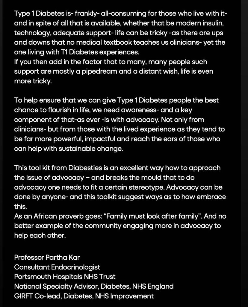 parthaskar's tweet image. An absolute privilege to be asked to do a foreword for this advocacy tool in #T1Diabetes 

As I say? Advocacy can be done by anyone- there is no mould 

“Family looks after family” 

Let’s keep working to improve care- together 💙 

#gbdoc @JDRF #T1DIndex