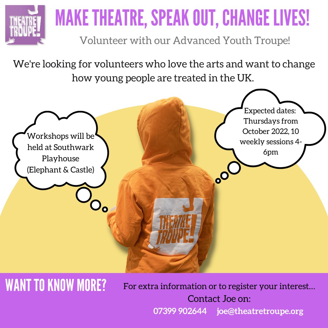 TheatreTroupeUK's tweet photo. Reminder we’re still on the lookout for some fantastic volunteers for upcoming projects! 

Get in touch for more info today! #volunteercallout #southlondonvolunteers https://t.co/4lof7p1EHY