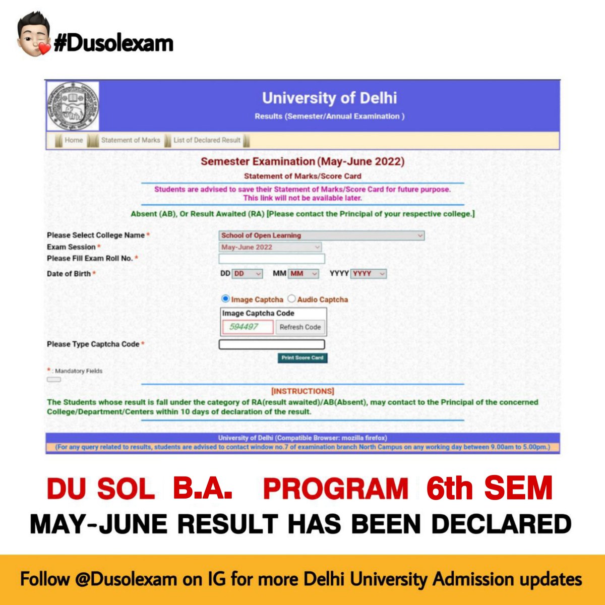 DU SOL BA Program 6th Semester Results Has Been Declared Now 2022 instagram.com/p/Ci1z4uchHgc/…