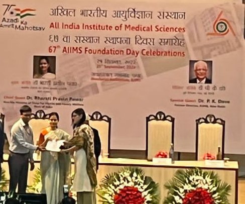 Dr. Rimlee Dutta receiving the NC Nayak Medal in Pathology for best Senior Resident from the Minister of State for Health Dr. Bharti Pravin Pawar and the new AIIMS Director Dr. M Srinivas. Rimlee is presently working in the department as an Assistant Professor on contract.