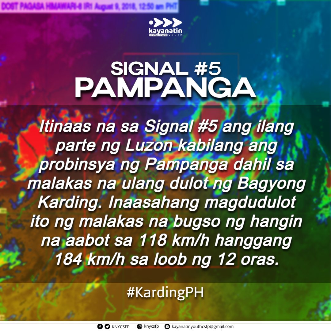 KNYCSFP's tweet photo. 𝙁𝙚𝙧𝙣𝙖𝙣𝙙𝙞𝙣𝙤𝙣𝙜 𝘼𝙡𝙚𝙧𝙩𝙤 𝙆𝙤𝙣𝙩𝙧𝙖 𝘽𝙖𝙜𝙮𝙤
Itinaas na sa TCWS number 5 ang probinsya ng Pampanga na magdudulot ng malalakas na ulan at hangin.

Tingnan ang orihinal na post sa aming Facebook Page:
https://t.co/CXkiYGaFuA https://t.co/JWi9nWyJ97