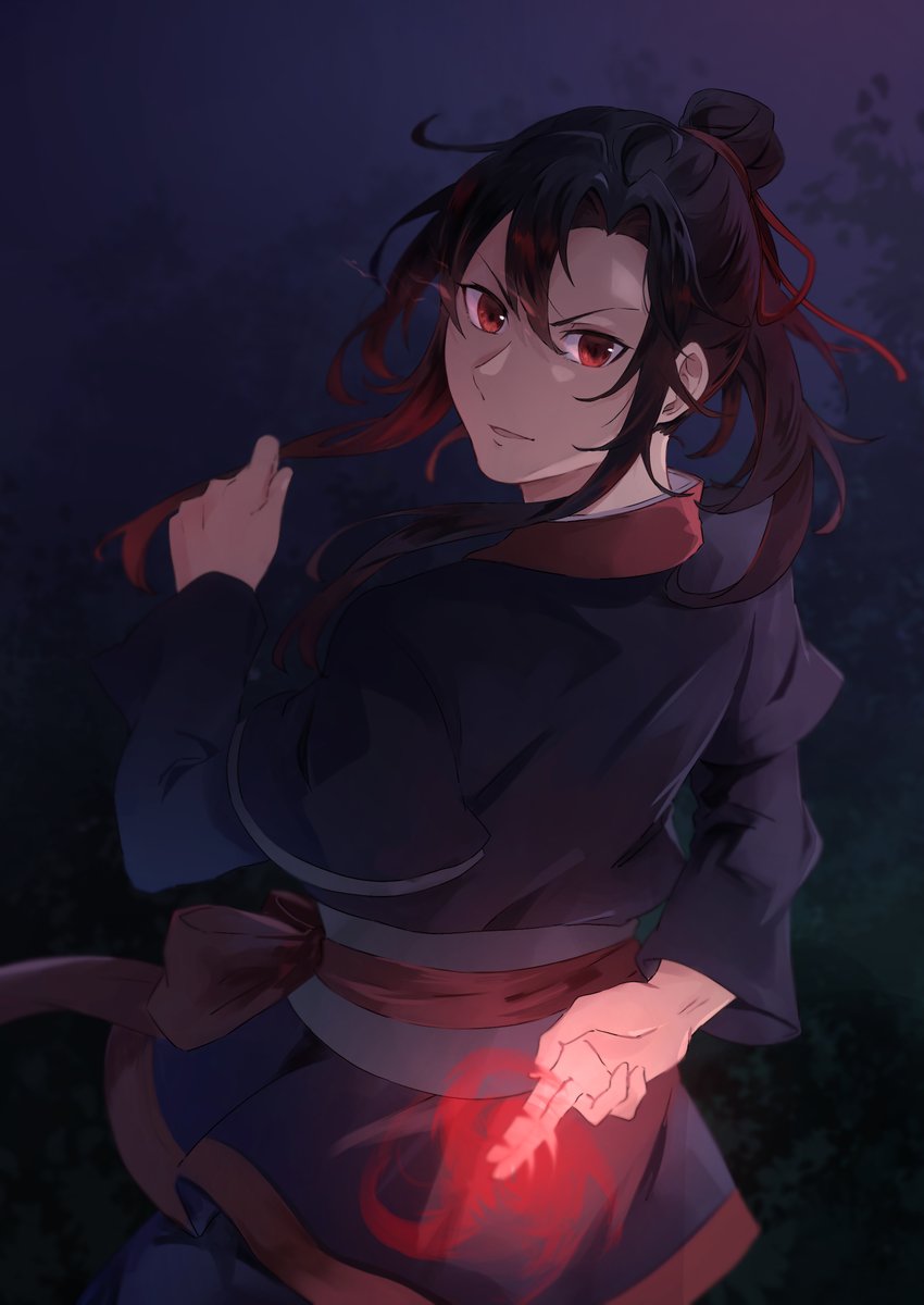 solo male focus red eyes 1boy black hair looking at viewer long hair  illustration images