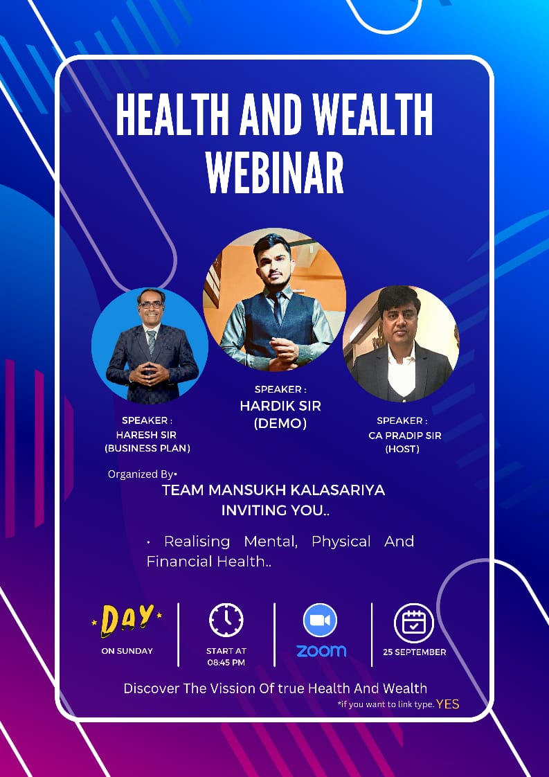 vvjoshi27's tweet photo. I am inviting you to a scheduled Zoom meeting.
Topic: Health, Wealth, And Happiness.
Time: Sep 25, 2022, 08:45 PM India.
Join Zoom Meeting
https://t.co/BoVXCGyB84...
Meeting ID: 876 1925 5041
Passcode: 447524
=======================
For More Details Message Me🙂 https://t.co/xvNsNvvsOD