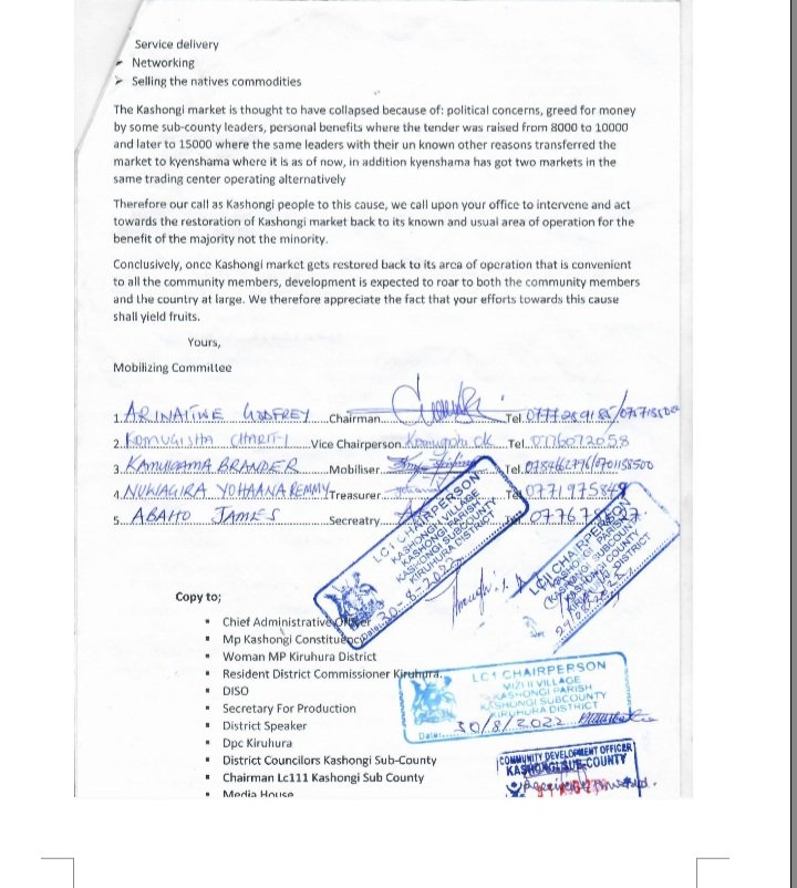 All is not well in Kashongi. On August 12th this year, a group of concerned people wrote to the LCV Chairman Kiruhura demanding restoration of their 55- year old Kashongi Livestock market

The group Chairman,  God Arinaitwe has now been summoned by police over 'Cyber harassment'