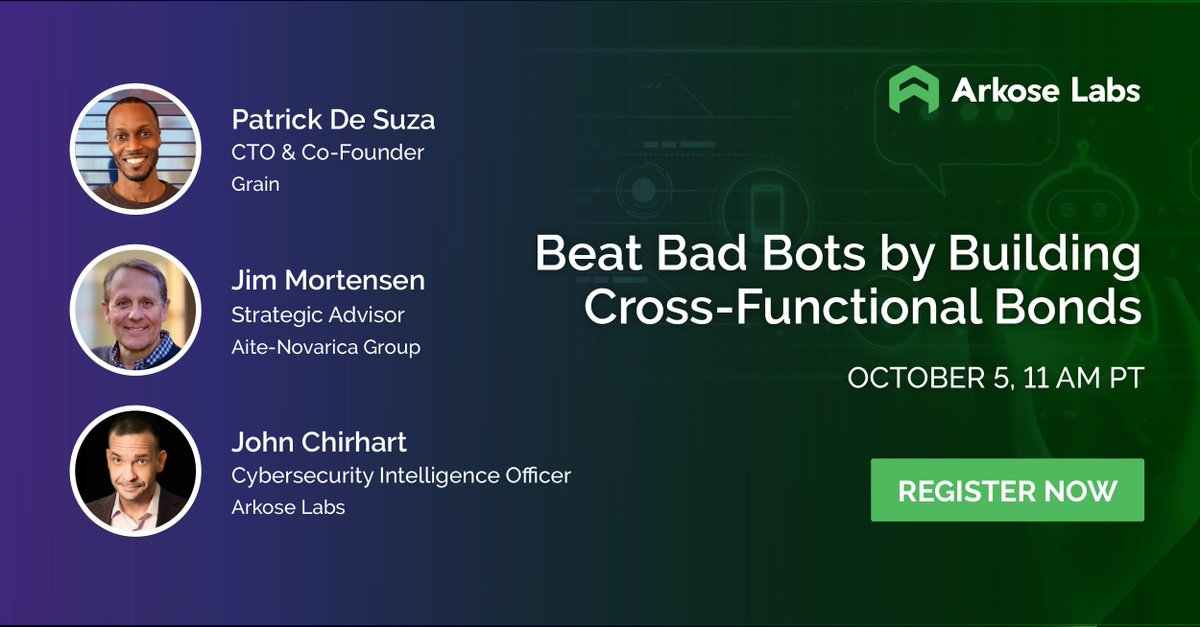 ArkoseLabs's tweet photo. Automated bot attacks are on the rise. Did you know how you and your team communicate across your company can impact your #cybersecurity posture? Join this webinar to learn from @grain_tech #CTO &amp; Co-Founder Patrick De Suza. Register here: https://t.co/2LA53MamV0 #accountsecurity https://t.co/xjaVPAEqQF
