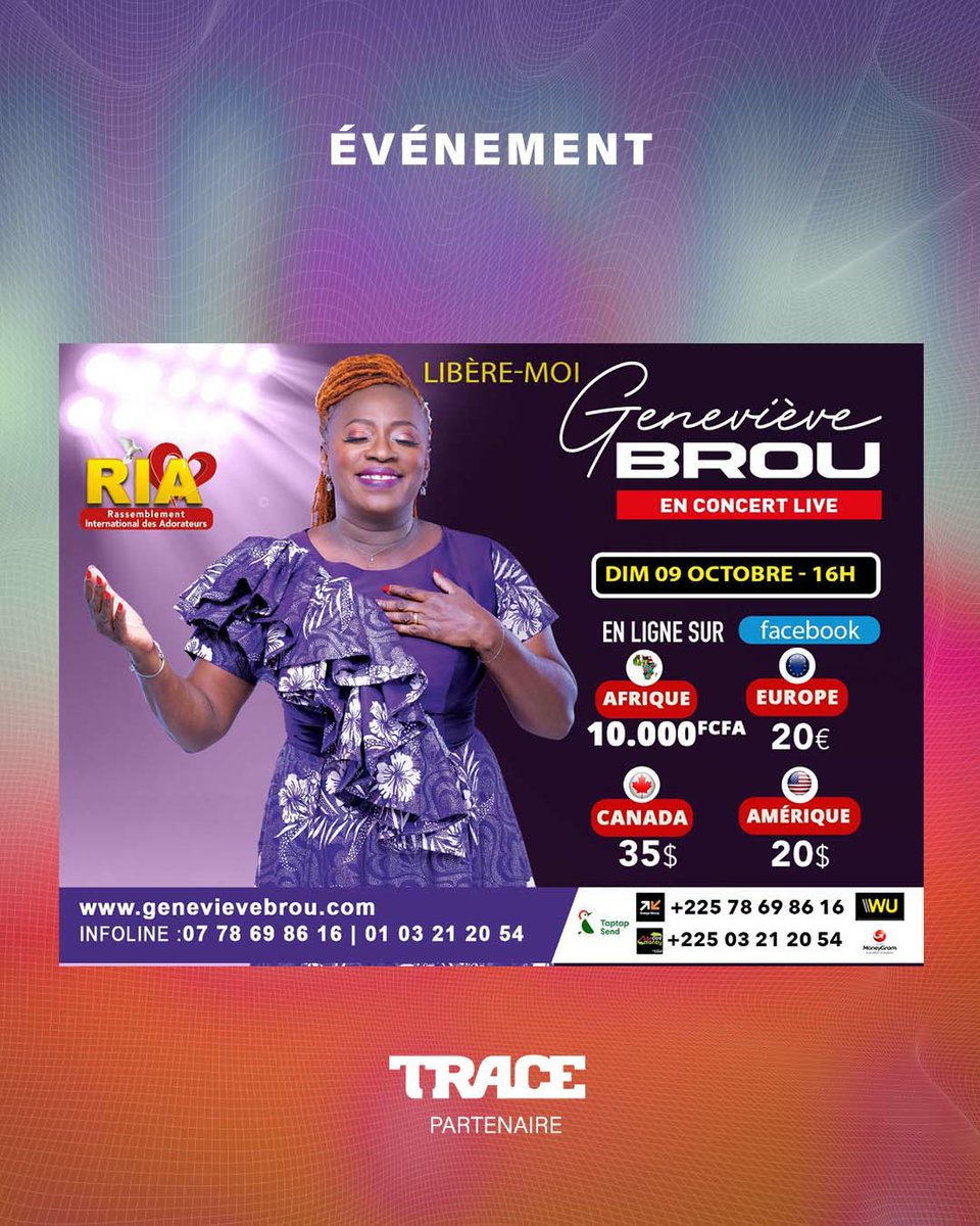 TRACE_Gospel's tweet photo. Tu es hors d'Abidjan mais tu ne veux en aucun cas manquer ce moment privilégié avec la chantre @Genevive_BROU au Stade de l'Université de Cocody ?
Enregistre-toi vite via ce lien🔗 https://t.co/23lpYnuCge pour suivre le #RIA22 en ligne💥🔥! #LibereMoi #TraceGospel https://t.co/gBuyhbtTMh