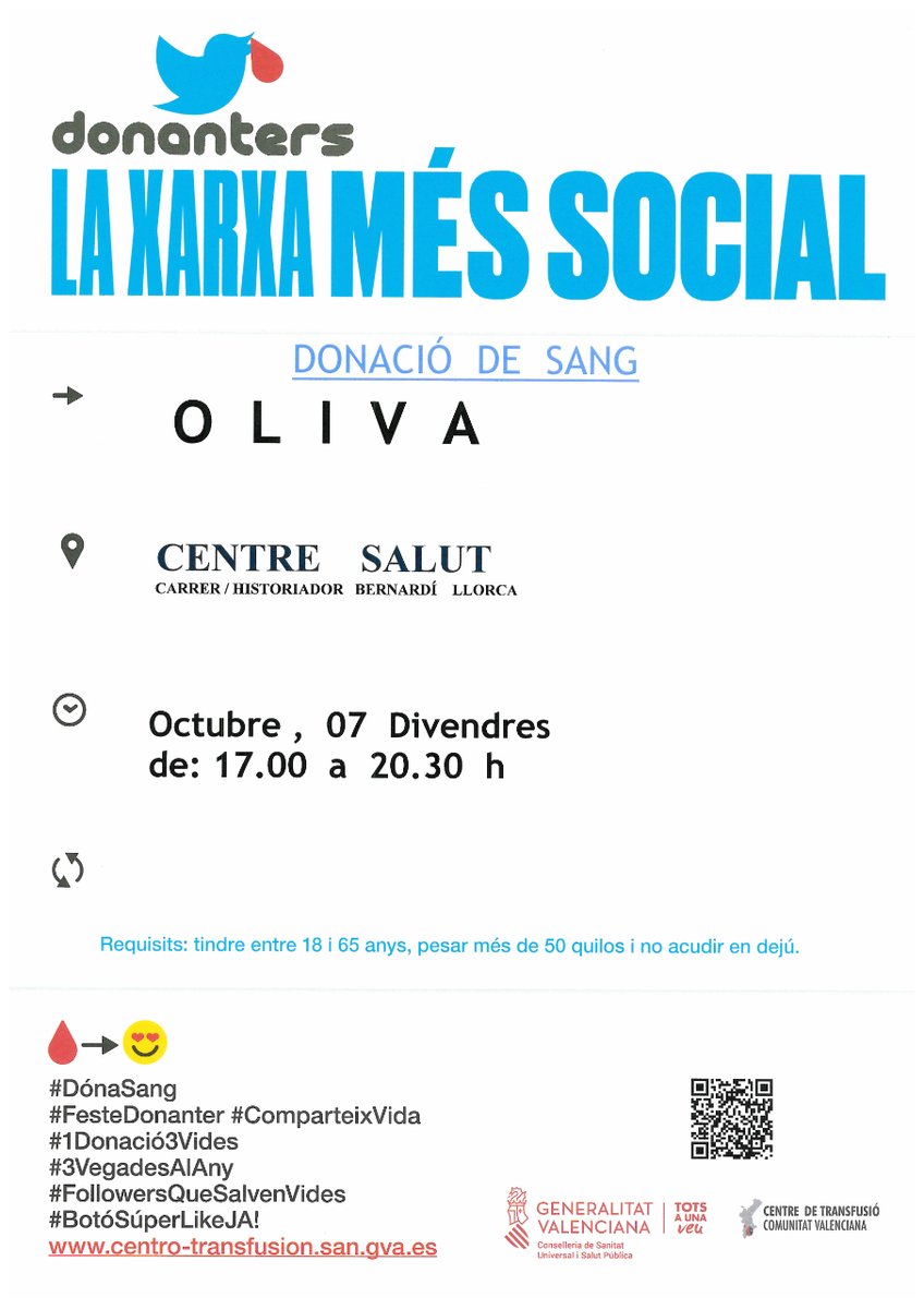 AjuntamentOliva's tweet photo. 🩸💉Des de l'Àrea de Salut Pública de l'Ajuntament d'Oliva informem que la pròxima jornada de donació de sang serà el 7 d'octubre, de 17.00 h a 20.30 h.
😊Agraïm de bestreta la vostra col·laboració imprescindible.
#AjuntamentdOliva #DonaSang #FesteDonater #Comparteixvida https://t.co/bYjRKX6HRP