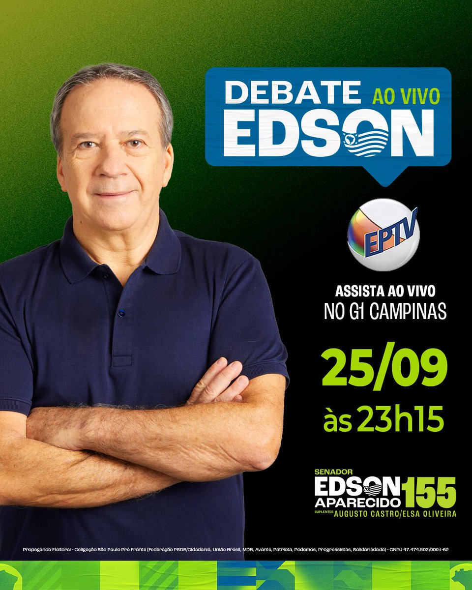EdsonAparecido's tweet photo. É hoje! A partir das 23h15 acompanhe o debate promovido pela @eptvoficial. Vou apresentar minhas propostas para ser o senador da Saúde com a independência que São Paulo precisa para defender o nosso Estado em Brasília.
#Vote155 #EdsonSenador155 #EdsonPraDefenderSP #PraFrenteSP https://t.co/tidzIX2z6B